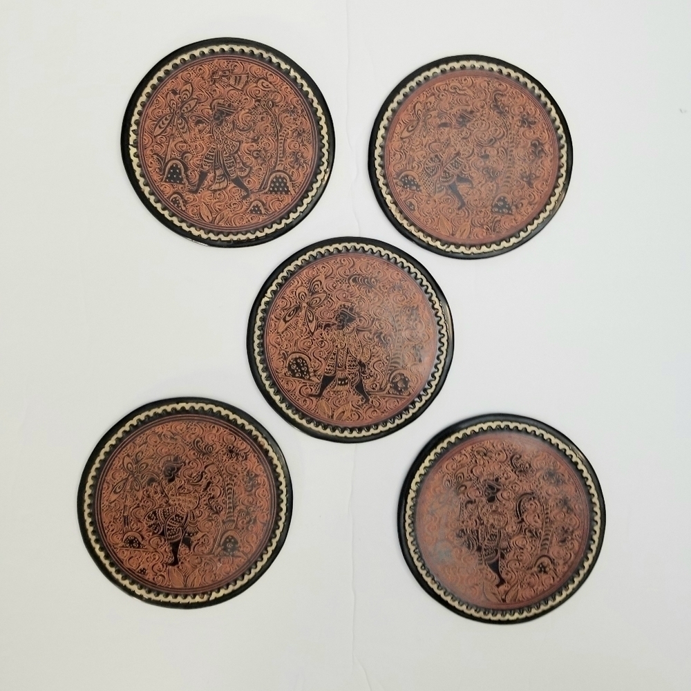 Vintage Burmese  Brown And Black  Round Coasters or Decorative Plates , set of 5